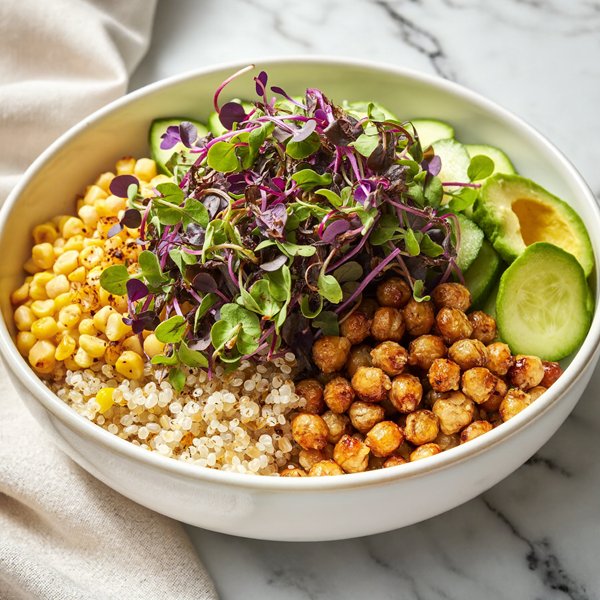 A grain bowl of quinoa, corn, chickpeas, and avocado topped with purple and green microgreens
