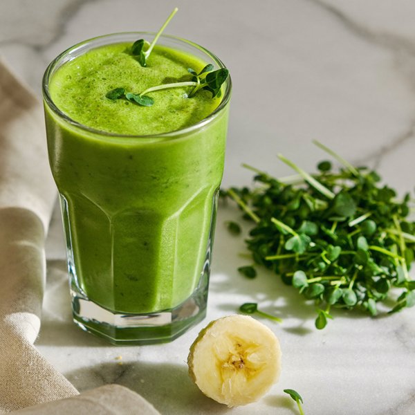 A green smoothie topped with microgreens beside a pile of fresh microgreens