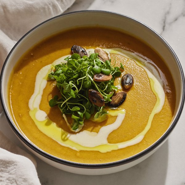 A bowl of butternut squash soup topped with microgreens and pumpkin seeds